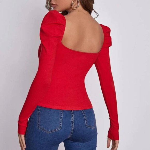 Red Square Neck Leg-of-Mutton Sleeve Top Long Sleeve Women's T-Shirt - Picture 5 of 5